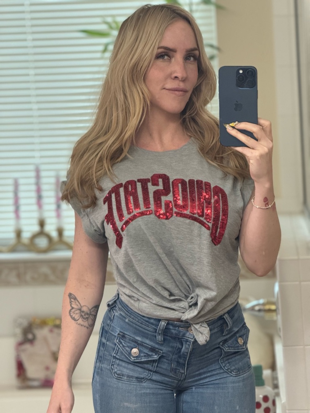 VS Ohio State Gray Tee with Red Sequin Logo - Women's Casual Top